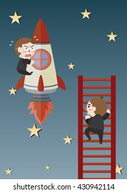scared businessman hold and businessman climb ladder cartoon vector