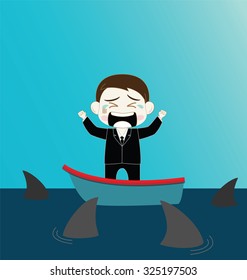 Scared Businessman on boat surrounded by shark