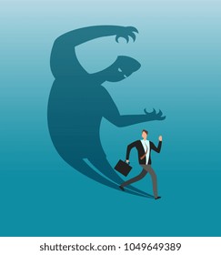 Scared businessman running away in panic from own shadow. Anxiety and conflict vector business concept. Illustration of businessman in panic and run