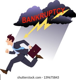 Scared businessman running away of a storm clouds and lightening with the word bankruptcy written in red, vector cartoon