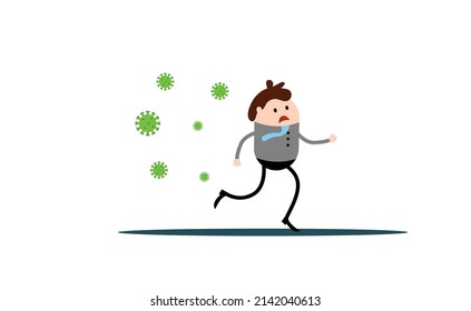 Scared Businessman Running Away from Virus Flat Style. Epidemic and health protection concept vector