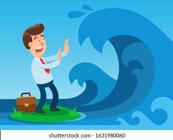 Scared businessman in small island is trying to stop a huge waves coming at him. Financial crisis concept. Problems of small business. Vector illustration, flat design cartoon style.
