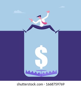 Scared Businessman Stand above Deep Hole with Trap and Dollar on Bottom. Business Man Character Survive in Crisis, Bank Demand Debt from Client, Doubtful Transaction. Cartoon Vector Illustration