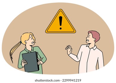 Scared businesspeople frustrated with exclamation warning sign. Anxious woman and man afraid of caution symbol aware of business risk or problem. Failure prevention concept. Vector illustration.