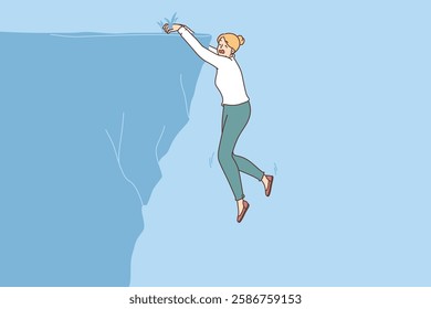 Scared businesswoman falls off cliff due to taking risks while building career or starting startup. Risks woman falls down because of unsuccessful investment of money or beginning of recession