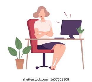 Scared Businesswoman Sitting at the Desk Looking into the Computer Screen Flat Vector Illustration