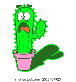 Scared cactus cartoon character. Funny spiky cactus with a terrified expression, desert plant mascot, anxiety, and stress concept. Vector illustration.