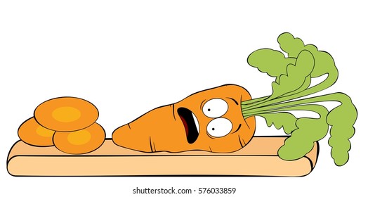 Scared carrot on cutting board isolated on white background