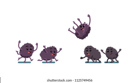 Scared cartoon bacteria characters running away and meeting friends unaware of medicine threat. Medical treatment killing germs or viruses. Medicine and hygiene. Flat vector illustration