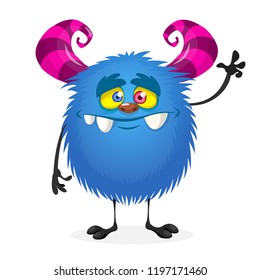 Scared cartoon blue monster waving. Vector cute monster mascot illustration for Halloween
