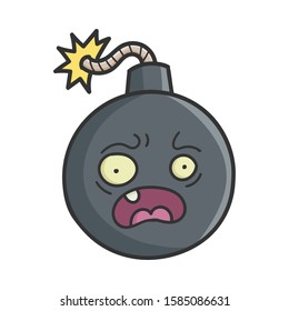 Scared cartoon bomb with burning wick isolated on white