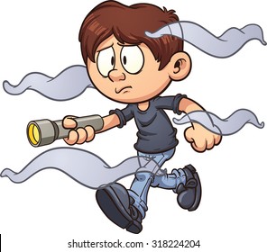 Scared cartoon boy with flashlight walking in the fog. Vector clip art illustration with simple gradients. Fog and boy on separate layer.