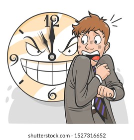 Scared cartoon businessman and evil clock. Lack of time concept.