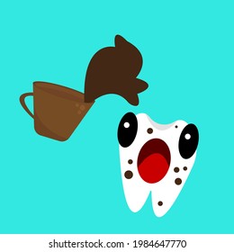 scared cartoon character human tooth covered with brown spots looking at pouring coffee object on blue background