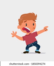 Caricatura asustada de un niño pequeño en jeans apunta hacia un lado