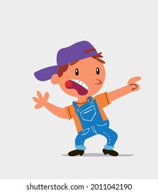 Scared cartoon character of  little boy on jeans points to the side