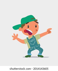 Caricatura asustada de un niño pequeño en jeans apunta hacia un lado
