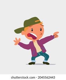 Scared cartoon character of  little boy on jeans points to the side