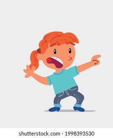 Scared cartoon character of  little girl on jeans points to the side