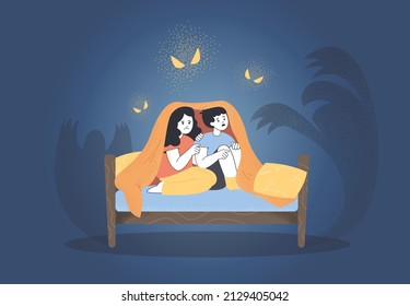 Scared cartoon children hiding under blanket on bed. Boy and girl afraid of dark or ghosts flat vector illustration. Childhood, nightmare, fear concept for banner, website design or landing web page