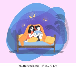 Scared cartoon children hiding under blanket on bed. Boy and girl afraid of dark or ghosts flat vector illustration. Childhood, nightmare, fear concept for banner, website design or landing web page