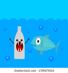 Scared Cartoon Fish Character And Monster Plastic Bottle With Sharp Fangs Ocean And Environment Pollution Concept