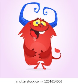 Scared cartoon funny monster with big horns. Clipart illustration