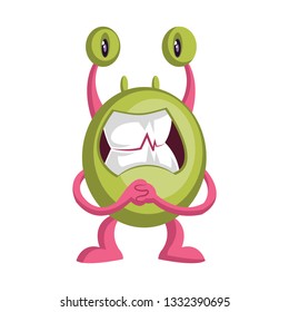 Scared cartoon green and pink monster white background vector illustration.