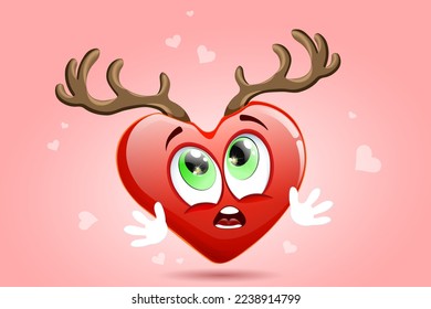 Scared cartoon HEART with open mouth and deer horns. Adultery, betrayal love concept