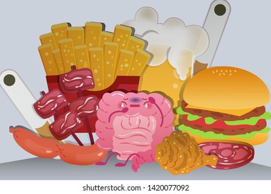 scared cartoon intestine surrounded by junk food on dark background