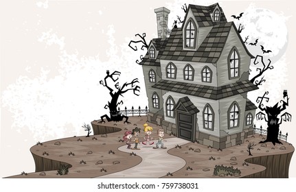 Scared cartoon kids in front of haunted house. Halloween background. 
