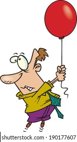 scared cartoon man hanging onto a balloon