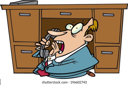 Scared Cartoon Man Hiding Under A Desk On The Phone