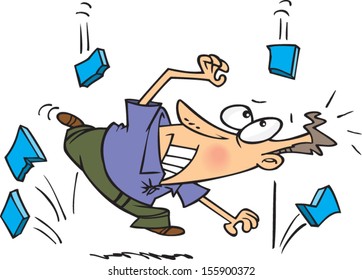 Scared cartoon man running away from a falling sky