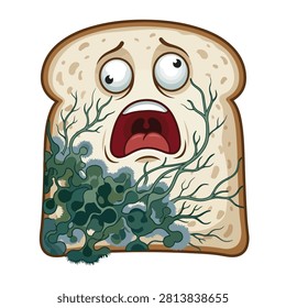 Scared cartoon moldy bread slice with wide eyes and open mouth