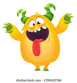 Scared cartoon monster waving. Vector cute monster mascot illustration for Halloween