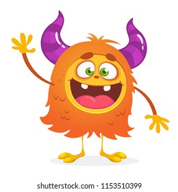 Scared cartoon orange monster waving. Vector cute monster mascot illustration for Halloween