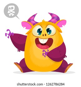Scared cartoon pink monster waving. Vector cute monster mascot illustration for Halloween