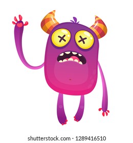 Scared cartoon pink monster waving. Vector cute monster mascot illustration for Halloween
