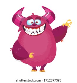 Scared cartoon pink monster waving. Vector cute monster mascot illustration for Halloween