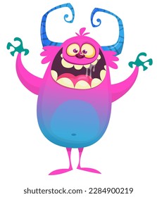 Scared cartoon pink monster waving. Vector cute monster mascot illustration for Halloween.