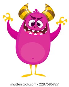 Scared cartoon pink monster waving. Vector cute monster mascot illustration for Halloween.