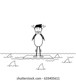 Scared cartoon stick man surrounded by sharks