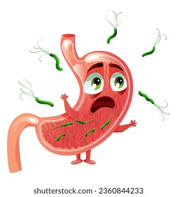 Scared cartoon stomach character among helicobacter pylori bacteria. Vector illustration isolated on white background
