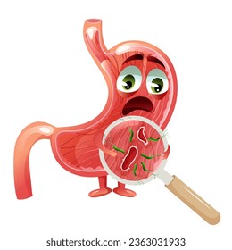 Scared cartoon stomach character with ulcer and helicobacter pylori infection under magnifying glass. Vector illustration on white background
