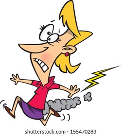 Scared cartoon woman being chased by a bolt of lightning