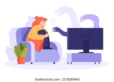 Scared Cartoon Woman Watching Horror Movie Or Thriller Alone. Female Character Watching Scary Film On TV At Home Flat Vector Illustration. Television, Fear, Entertainment Concept For Banner