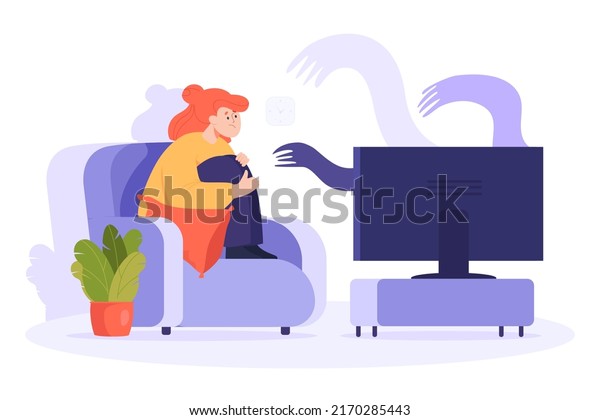Scared cartoon woman watching horror movie or\
thriller alone. Female character watching scary film on TV at home\
flat vector illustration. Television, fear, entertainment concept\
for banner