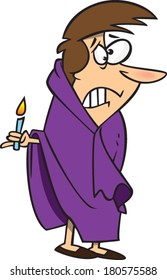 scared cartoon woman wrapped in a blanket holding a candle