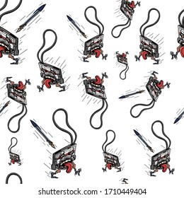 Scared Cassette pattern. Retro Ilustration design. 80s electronics elements. Characters design.